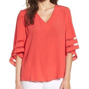 Nordstrom's Chelsea28 Coral Red Illusion Bell Sleeve Blouse Size Large